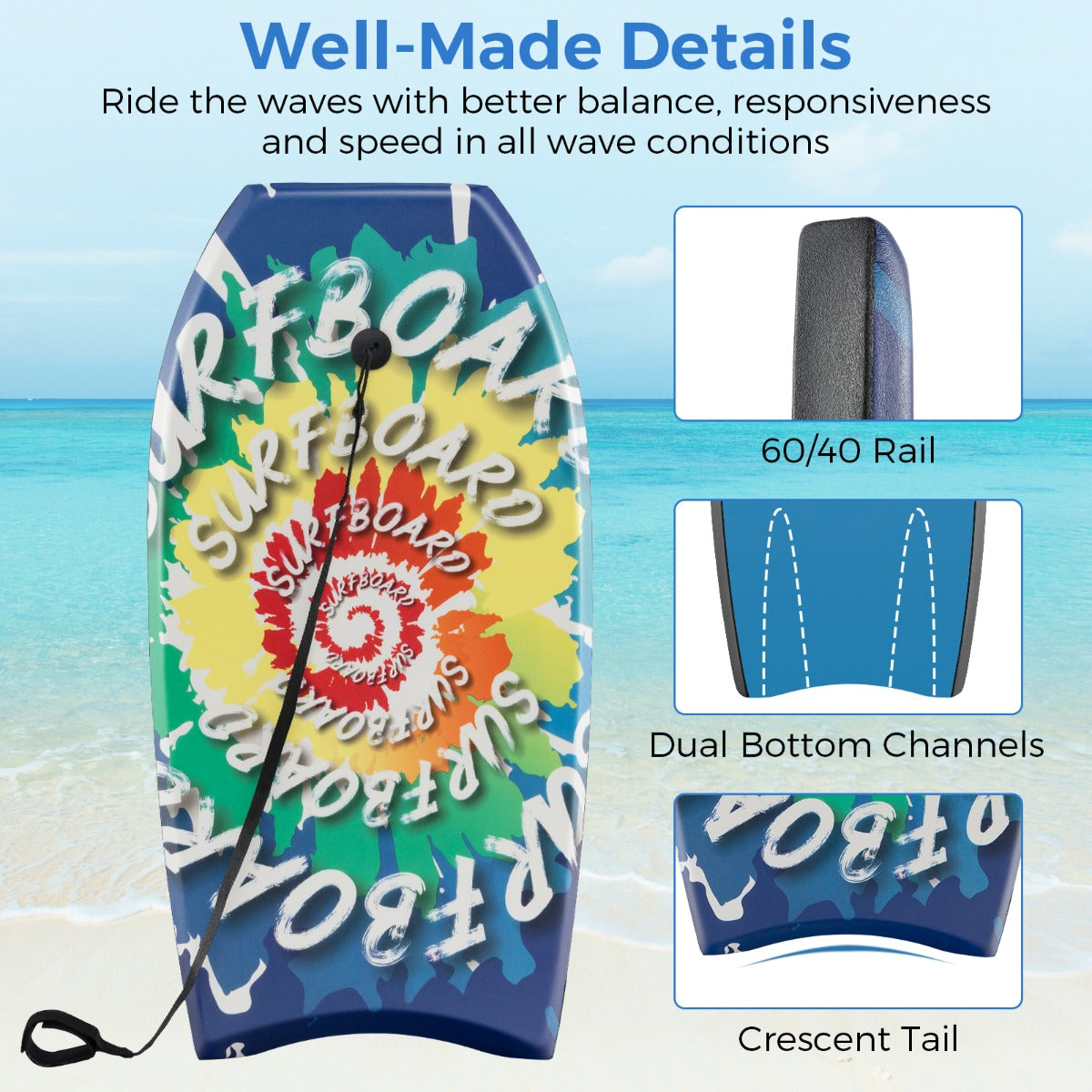 LIVSK Bodyboard - Halvemaanvormige Staart - Lichtgewicht EPS Kern - Inclusief Verstelbare Polsband - 94/104 cm - Zoals op de