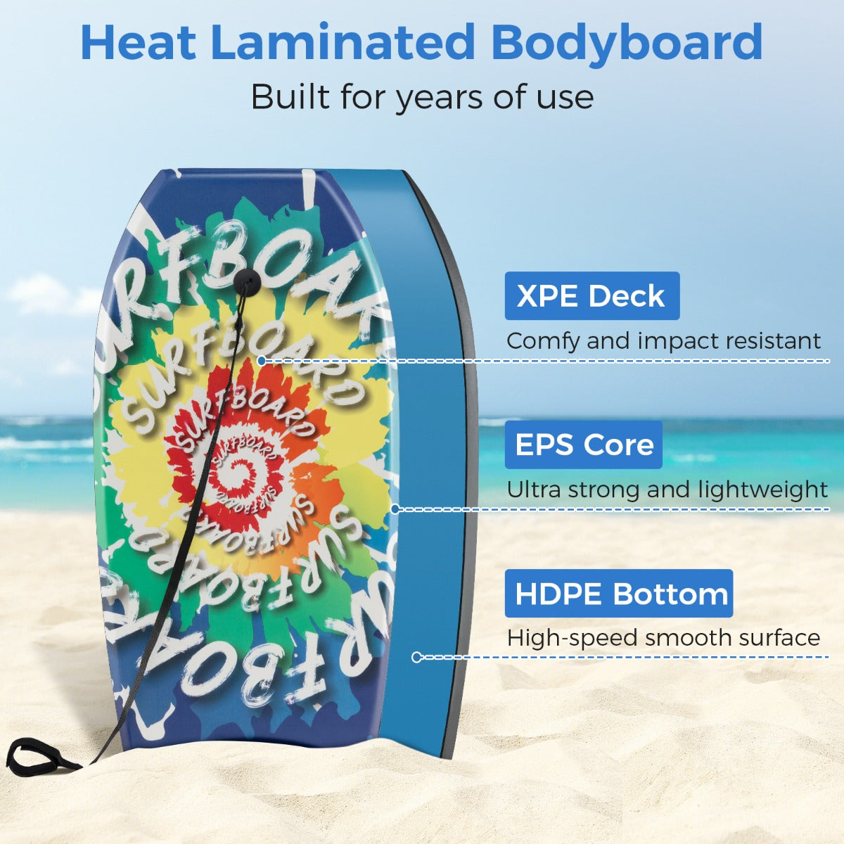 LIVSK Bodyboard - Halvemaanvormige Staart - Lichtgewicht XPE en EPS - Inclusief Polsband - Voor 12+ Jaar - 94/104 cm