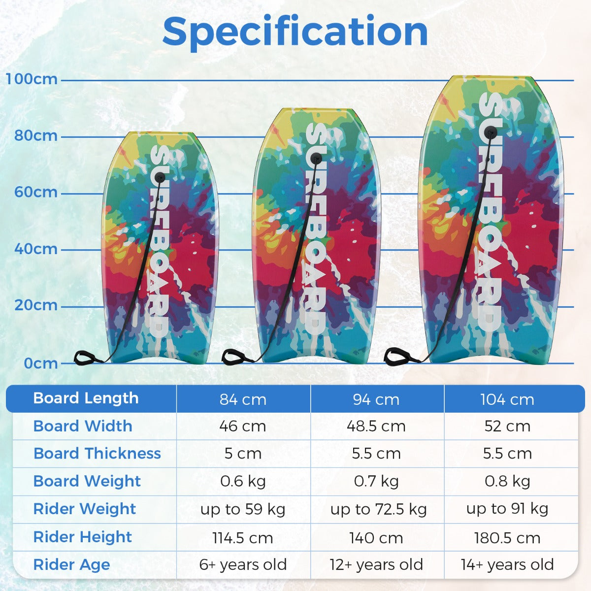 LIVSK Bodyboard - Halvemaanvormige Staart - Lichtgewicht XPE & EPS - Inclusief Verstelbare Polsband - 84/94/104 cm - Multi kleur