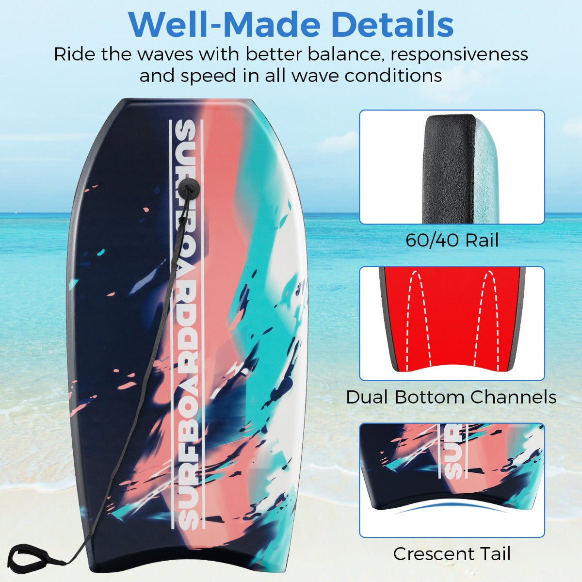 LIVSK Bodyboard - Halvemaanvormige Staart - XPE Dek - Verstelbare Polsband - Geschikt voor 14+ Jaar - 104 cm - Oranje