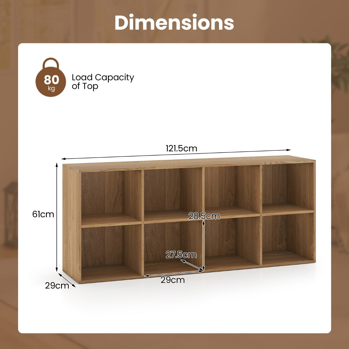 LIVSK Boekenkast - 8 Open Vakken - Versterkt Hout - Kantelbeveiligingen - Antislipvoetjes - Naturel