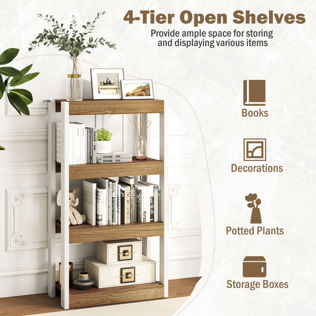 LIVSK Boekenkast - Duurzaam Hout - 4 Planken - Kantelbeveiliging - Multifunctioneel - Naturel & Wit