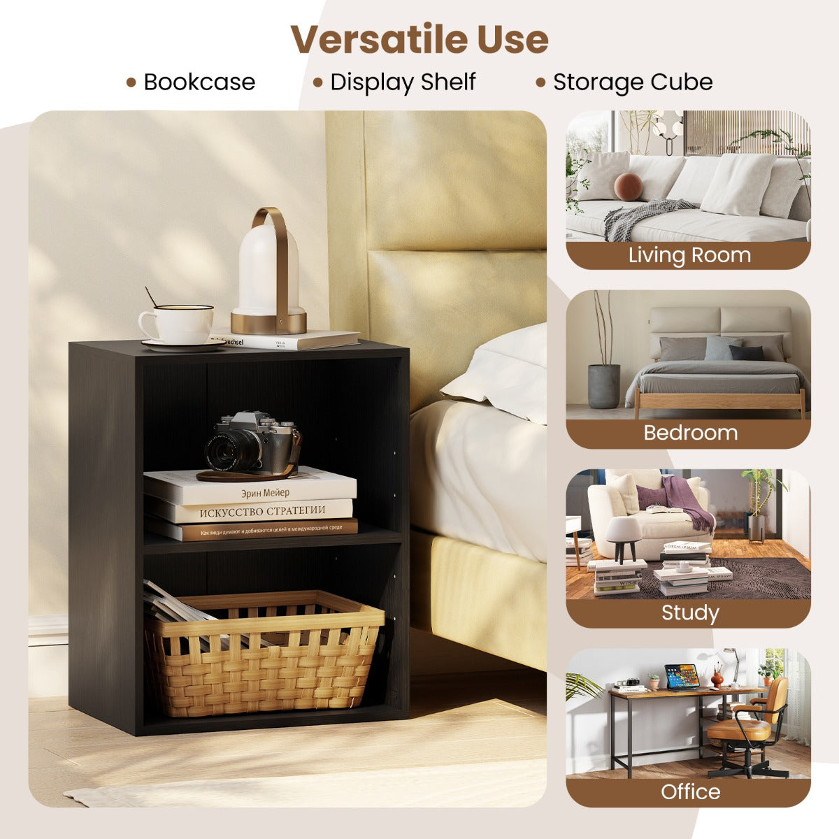 LIVSK Boekenkast - Houtnerf Afwerking - Verstelbare Plank - 2 Open Vakken - 42 x 29,5 x 53,5 cm - Rustiek Bruin