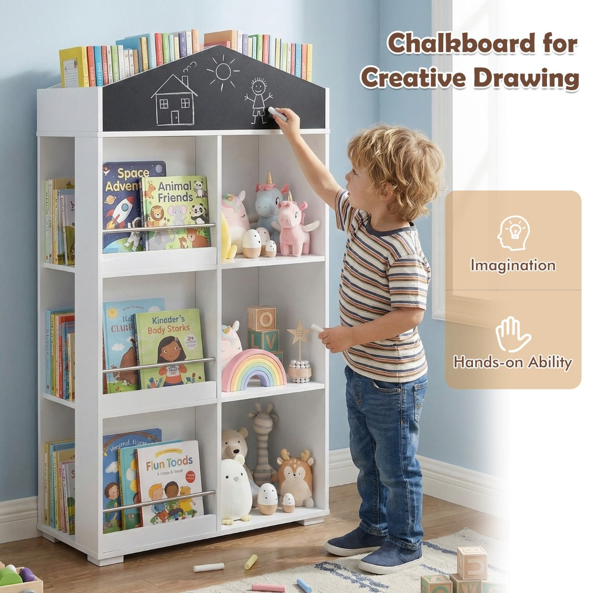 LIVSK Boekenkast in Huisvorm - 3 Planken - Ingebouwd Krijtbord - Veilig en Toegankelijk - Wit