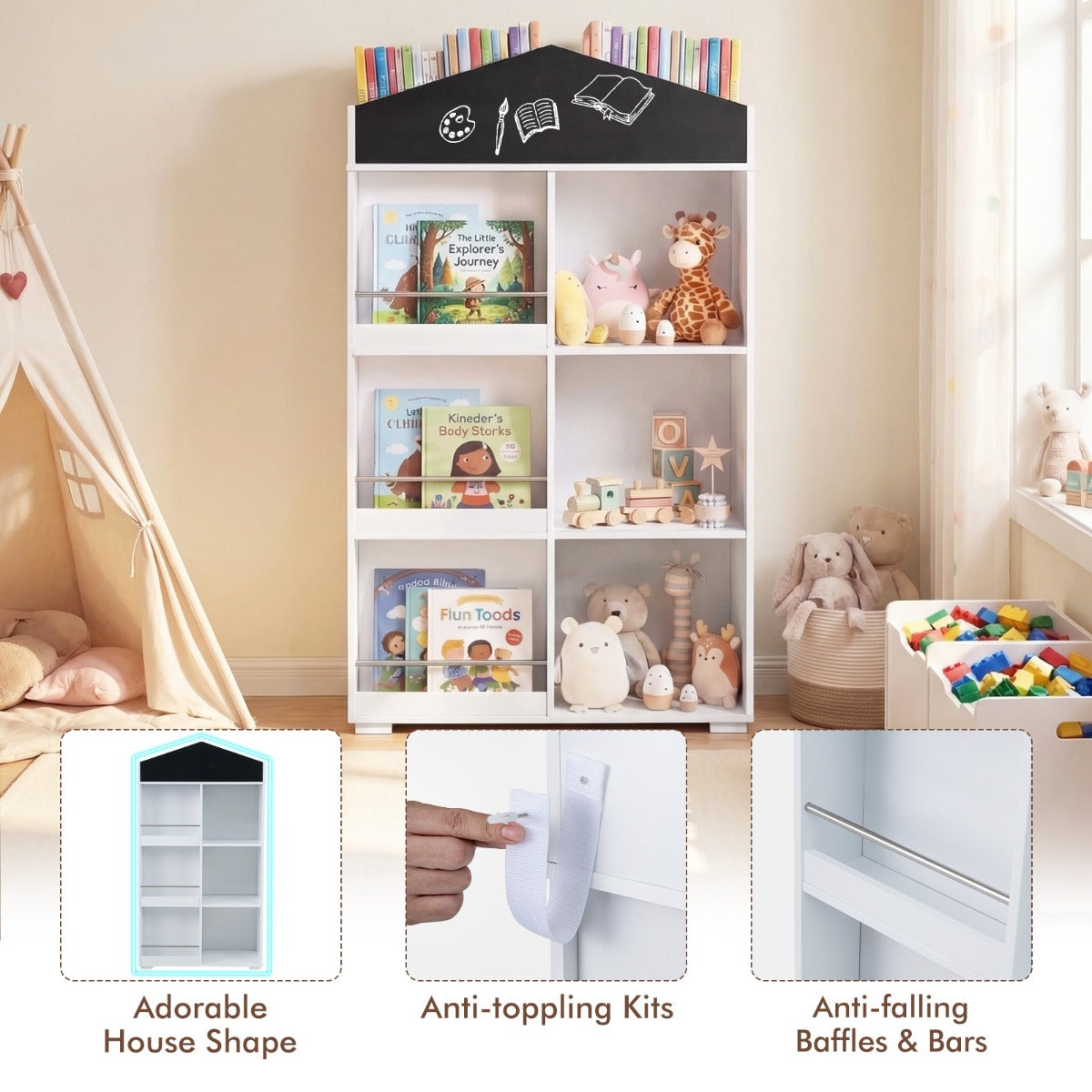 LIVSK Boekenkast in Huisvorm - 3 Planken - Ingebouwd Krijtbord - Veilig en Toegankelijk - Wit