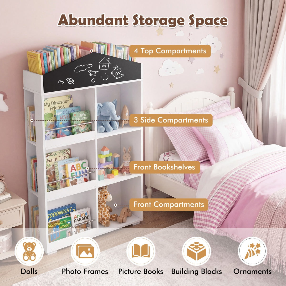 LIVSK Boekenkast in Huisvorm - 3 Planken - Ingebouwd Krijtbord - Veilig en Toegankelijk - Wit