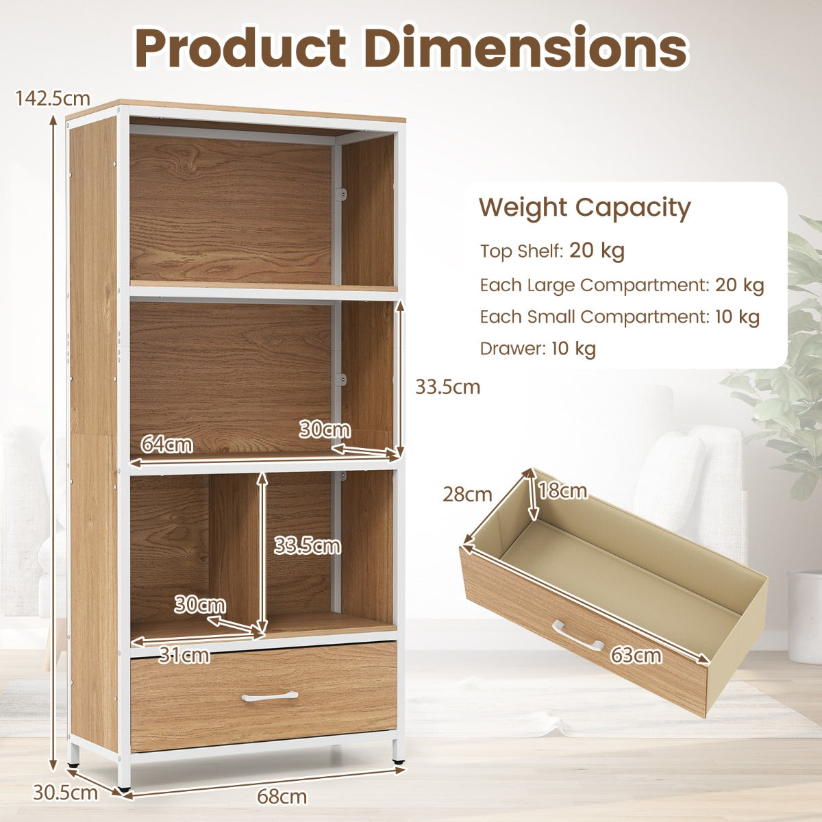 LIVSK Boekenkast - Stevig Hout en Metaal - 2 Open Planken en Stoffen Lade - Kantelbeveiliging - Bruin/Naturel