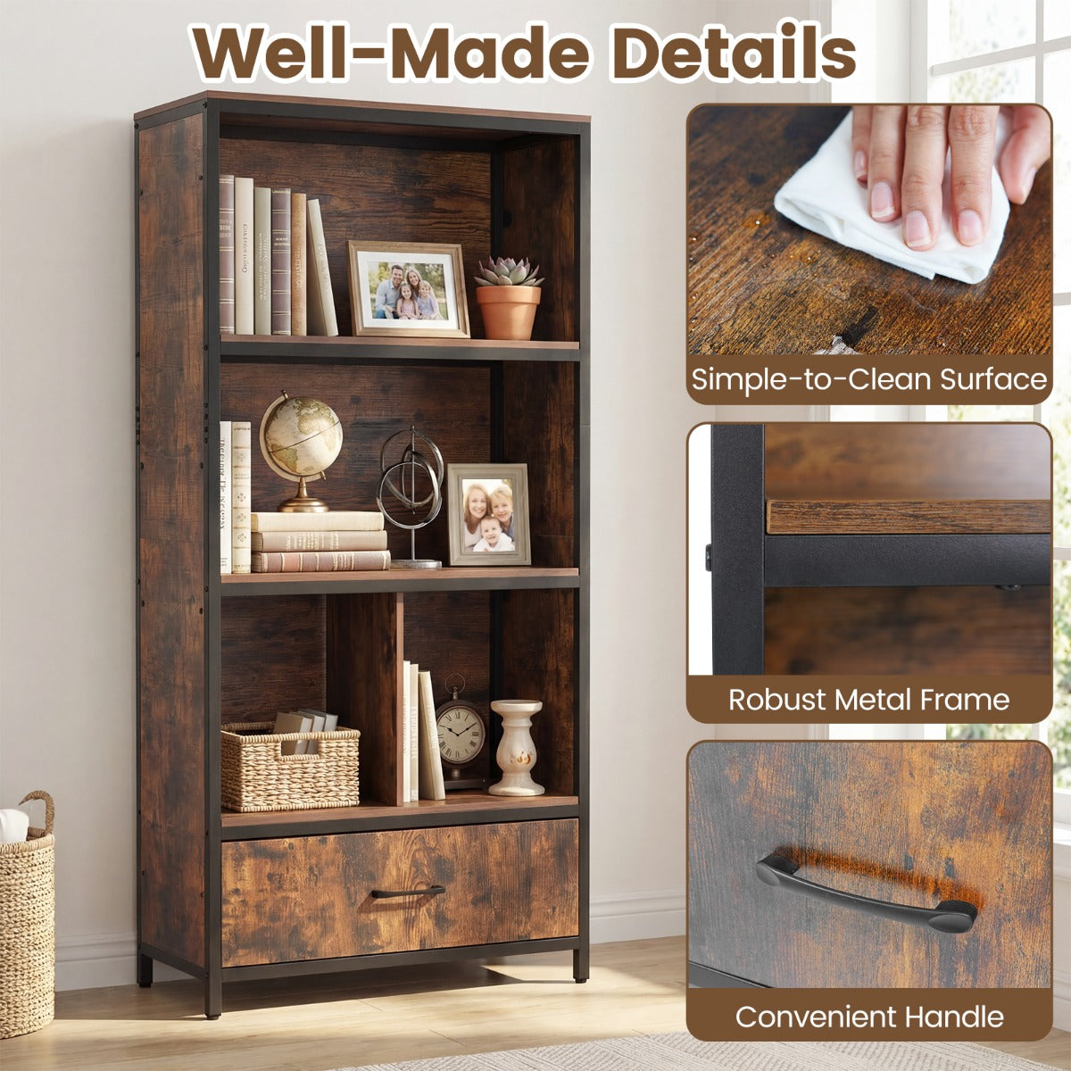 LIVSK Boekenkast - Stevig Hout en Metaal - 2 Open Planken en Stoffen Lade - Kantelbeveiliging - Bruin/Naturel