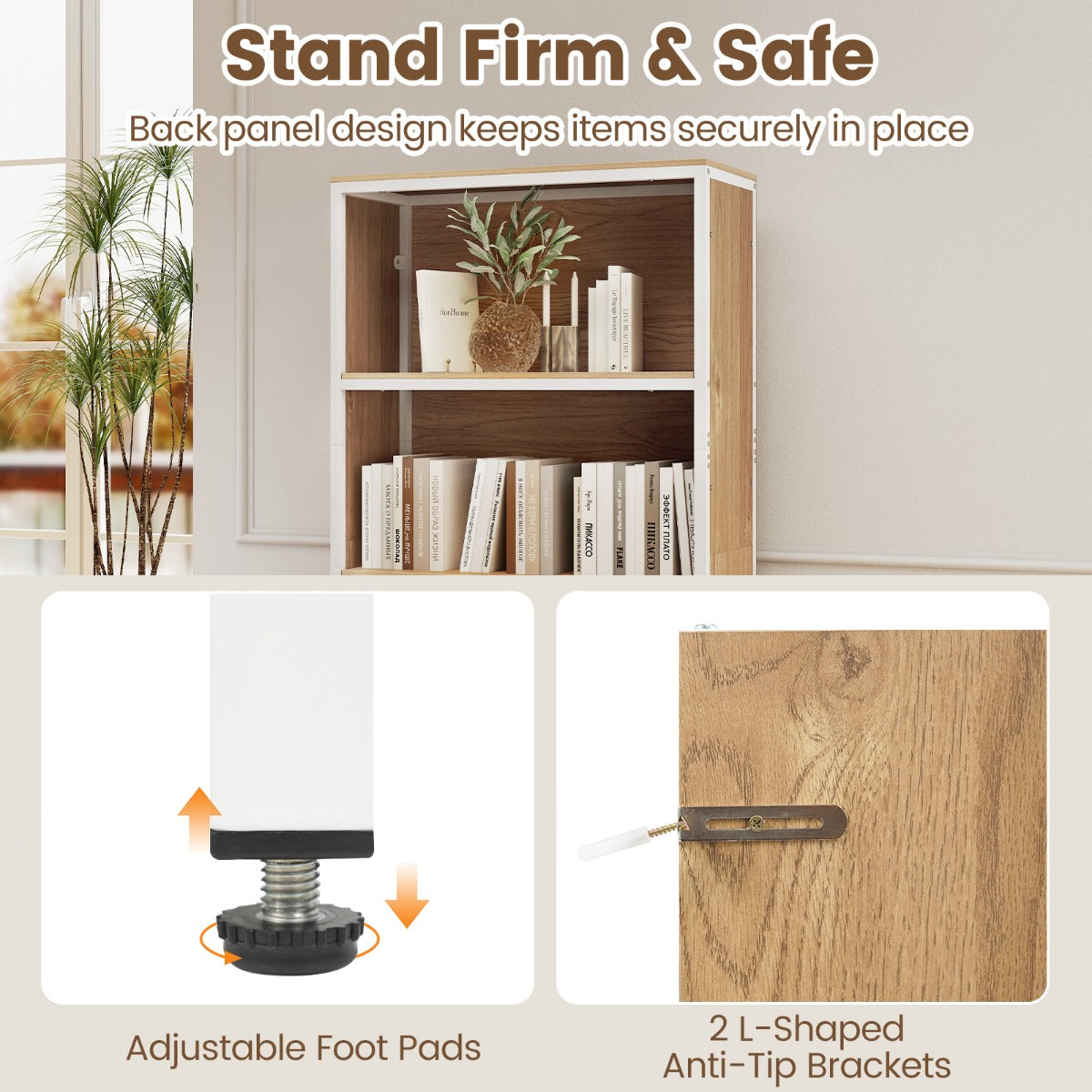 LIVSK Boekenkast - Stevig Hout en Metaal - 2 Open Planken en Stoffen Lade - Kantelbeveiliging - Bruin/Naturel