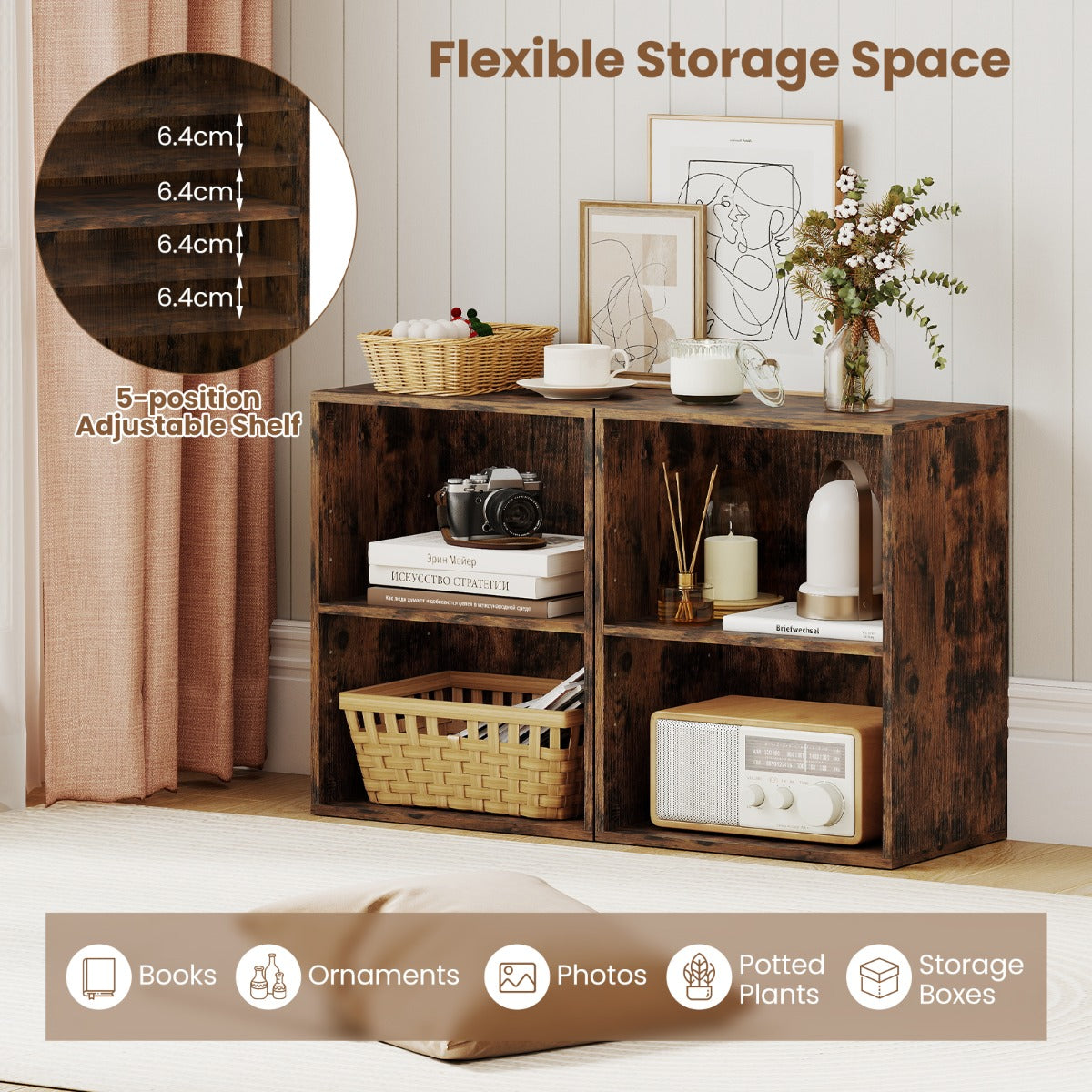LIVSK Boekenkast - Verstelbare Plank - 2 Open Vakken - Houtnerf Afwerking - 42 x 29,5 x 53,5 cm - Rustiek Bruin