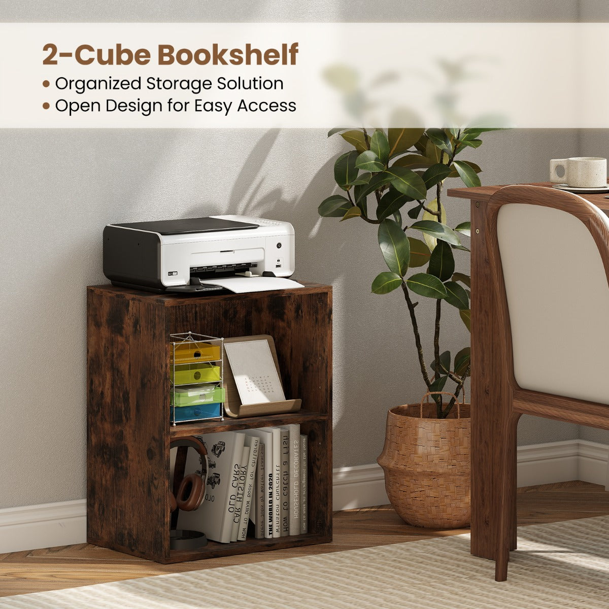 LIVSK Boekenkast - Verstelbare Plank - 2 Open Vakken - Houtnerf Afwerking - 42 x 29,5 x 53,5 cm - Rustiek Bruin