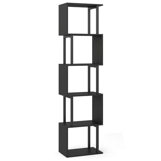 LIVSK Boekenrek met 5 Planken - Geometrisch Design - Robuust Metaal en Hout - Kantelbeveiliging - Zwart/Rustiek Bruin
