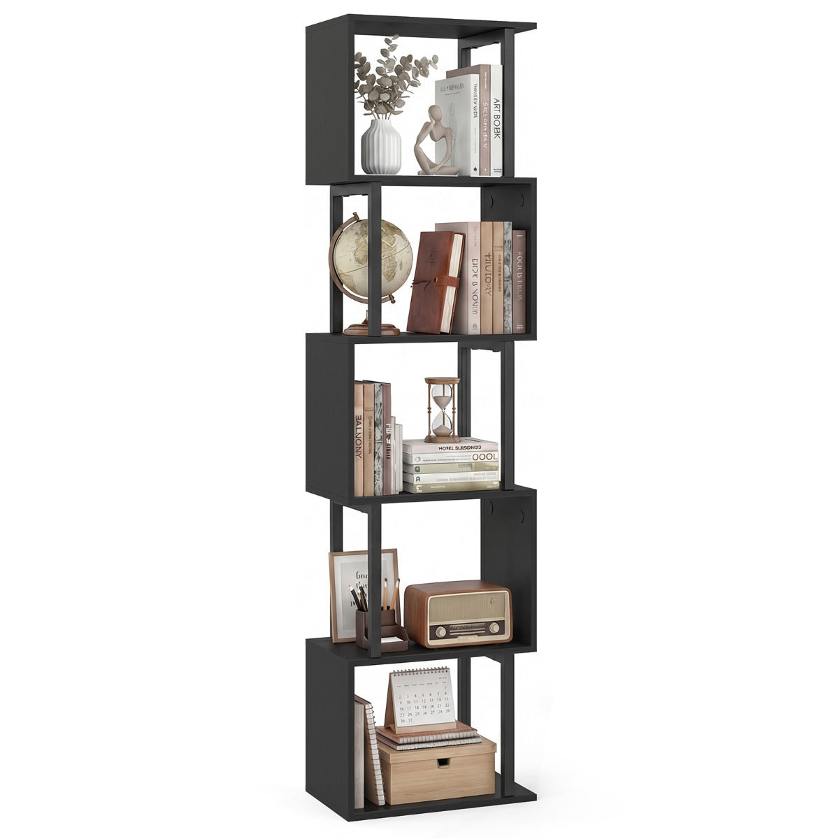 LIVSK Boekenrek met 5 Planken - Geometrisch Design - Robuust Metaal en Hout - Kantelbeveiliging - Zwart/Rustiek Bruin