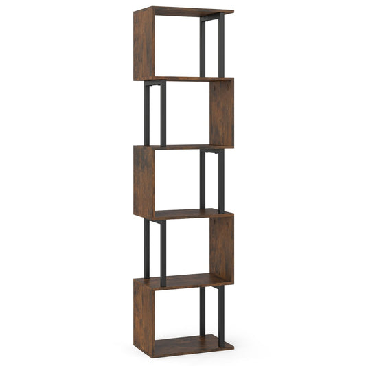 LIVSK Boekenrek met 5 Planken - Geometrisch Ontwerp - Robuust Metaal en Hout - Kantelbeveiliging - Zwart/Rustiek Bruin