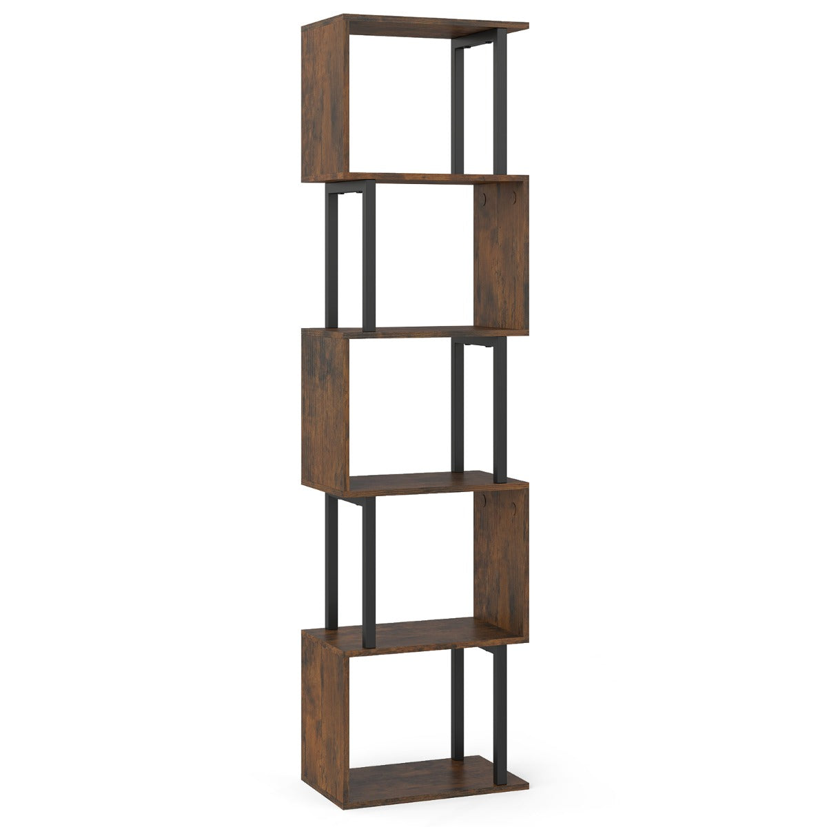 LIVSK Boekenrek met 5 Planken - Geometrisch Ontwerp - Robuust Metaal en Hout - Veilig met Kantelbeveiliging - Zwart/Rustiek Bruin