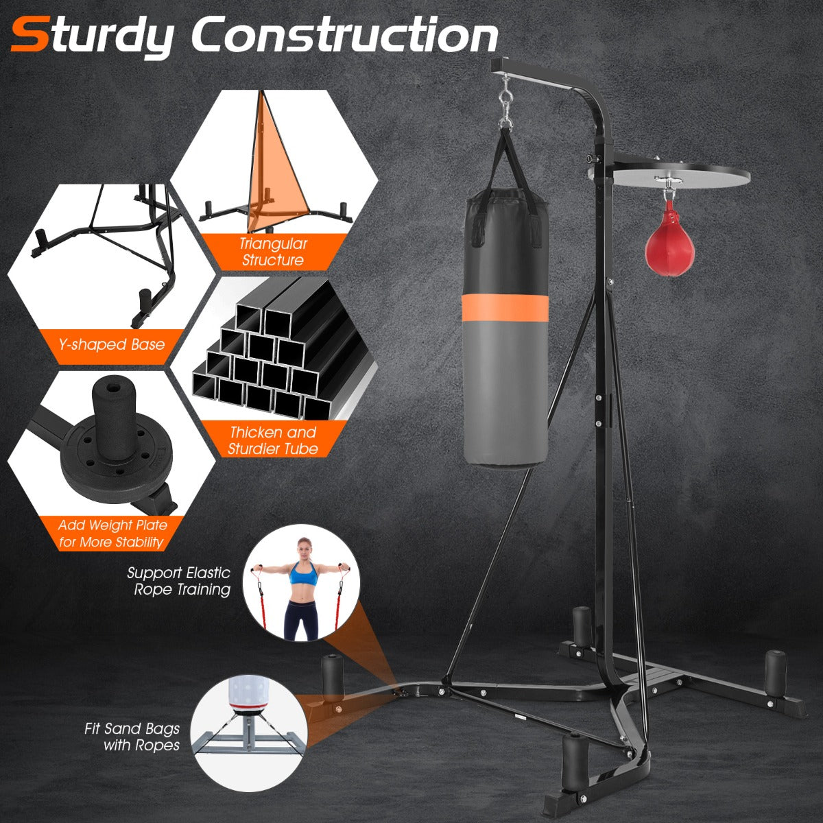 LIVSK Bokszakhouder - 2-in-1 Multifunctioneel - Verstelbare Speedball - Robuuste Stalen Constructie - Zwart