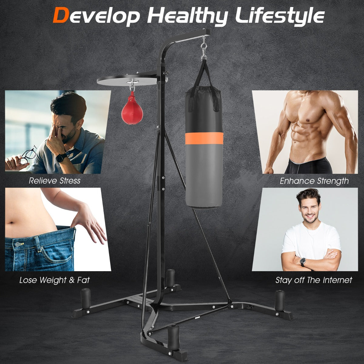 LIVSK Bokszakhouder - 2-in-1 Multifunctioneel - Verstelbare Speedball - Robuuste Stalen Constructie - Zwart