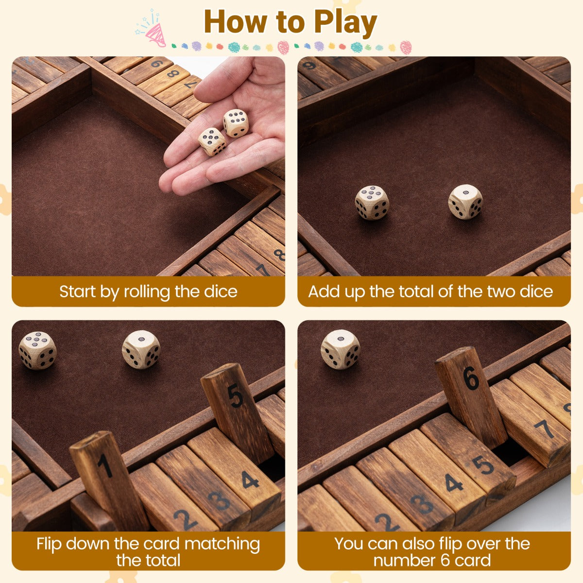 LIVSK Bordspel “Shut the Box” - Voor 2-4 Spelers - Educatief & Vermakelijk - Stevig Grenenhout - Compact 30 x 30 x 3,8 cm -