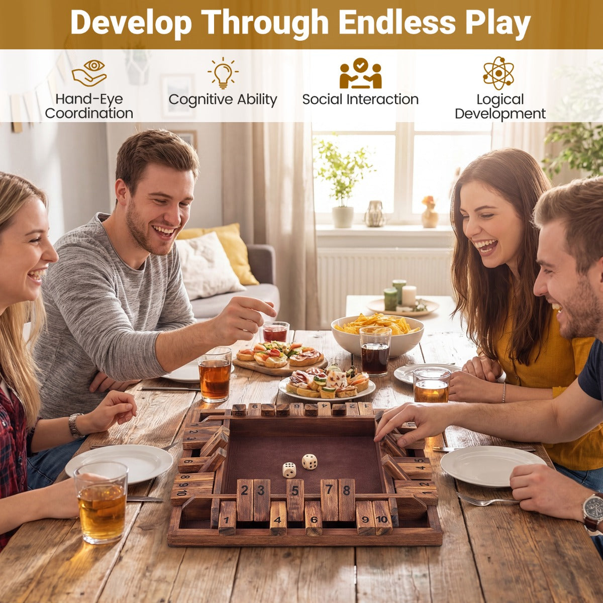 LIVSK Bordspel “Shut the Box” - Voor 2-4 Spelers - Educatief & Vermakelijk - Stevig Grenenhout - Compact 30 x 30 x 3,8 cm -