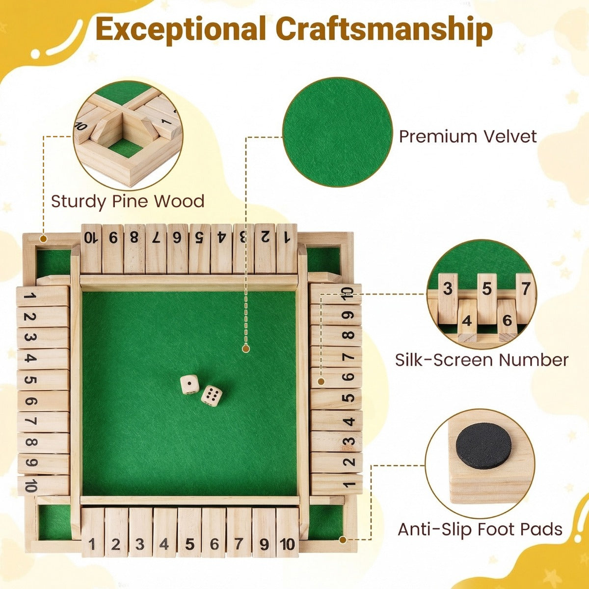 LIVSK Bordspel “Shut the Box” - Voor 2-4 Spelers - Grenenhout - Eenvoudige Regels - Compact Ontwerp - Naturel