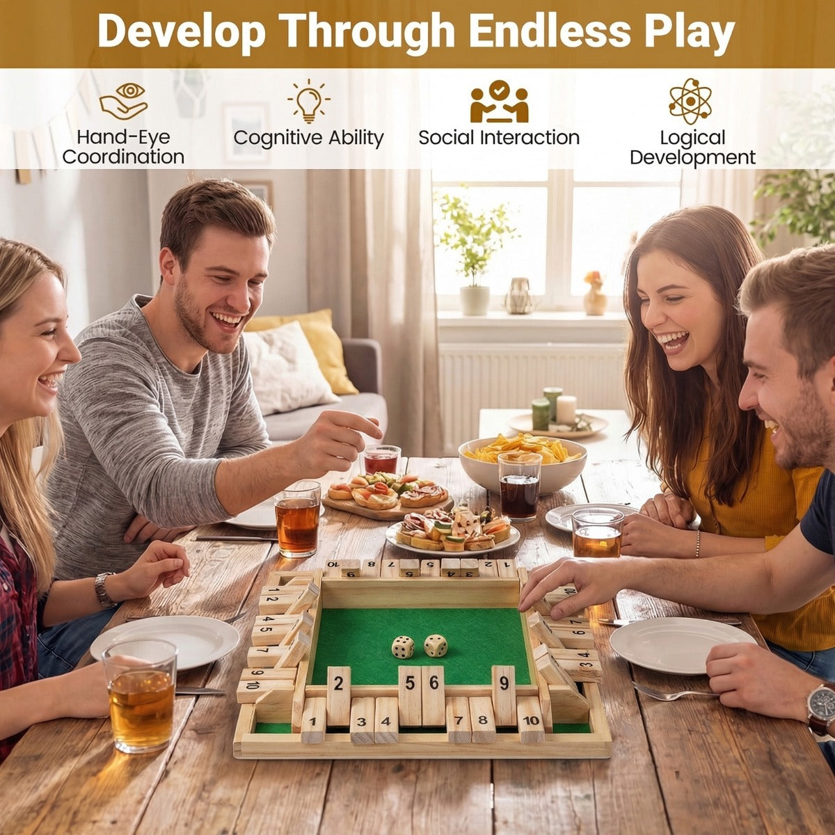 LIVSK Bordspel “Shut the Box” - Voor 2-4 Spelers - Grenenhout - Eenvoudige Regels - Compact Ontwerp - Naturel
