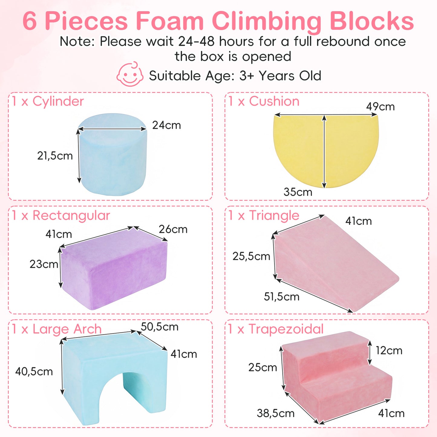 LIVSK Bouwstenen Set - 6-delige Fluweel Bekleding - Afneembare Hoes - Stimuleert Motoriek - Geschikt voor Kinderen - Roze/Rood/Wit