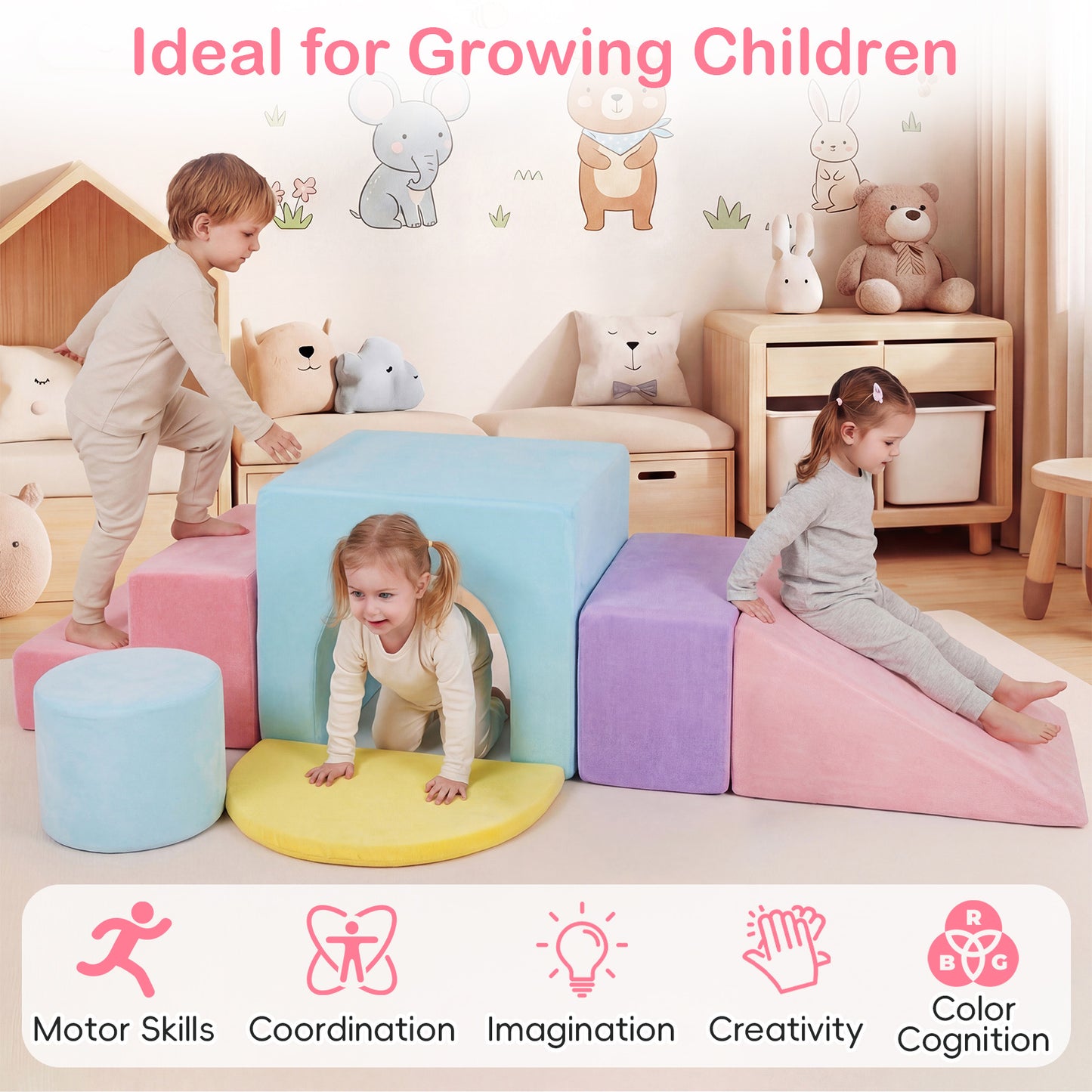 LIVSK Bouwstenen Set - 6-delige Fluweel Bekleding - Afneembare Hoes - Stimuleert Motoriek - Geschikt voor Kinderen - Roze/Rood/Wit