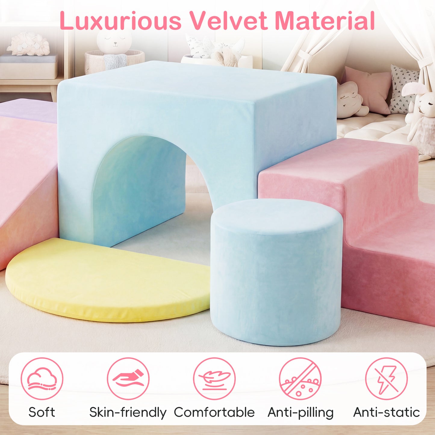 LIVSK Bouwstenen Set - 6-delige Fluweel Bekleding - Afneembare Hoes - Stimuleert Motoriek - Geschikt voor Kinderen - Roze/Rood/Wit