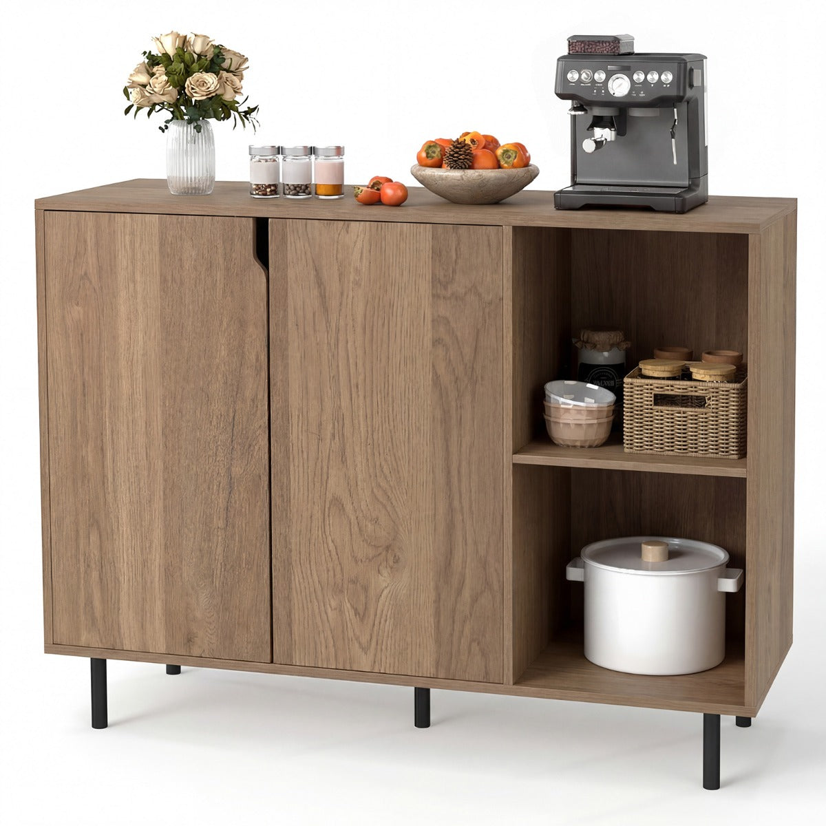 LIVSK Buffetkast - Houten Dressoir met 2 Deuren - Verstelbare Planken - Stabiele Metalen Poten - Zwart/Naturel