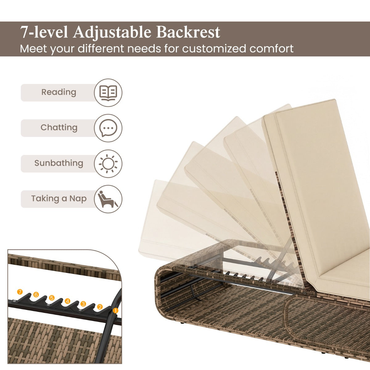LIVSK Buitenligstoel - 7 Verstelbare Standen - PE-Rotan - Robuust Metaal - Tot 180 kg - Beige/Grijs