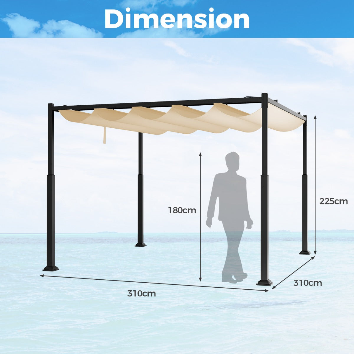 LIVSK Buitenpergola - Uitschuifbare Luifel - Stevige Metalen Kolommen - Weerbestendig Polyester - 310 x 310 cm - Beige+Zwart