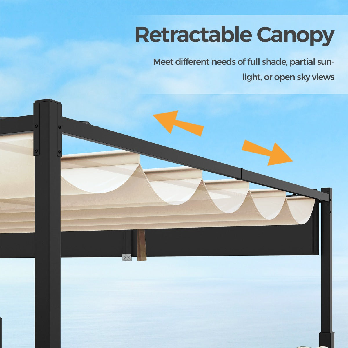 LIVSK Buitenpergola - Uitschuifbare Luifel - Stevige Metalen Kolommen - Weerbestendig Polyester - 310 x 310 cm - Beige+Zwart