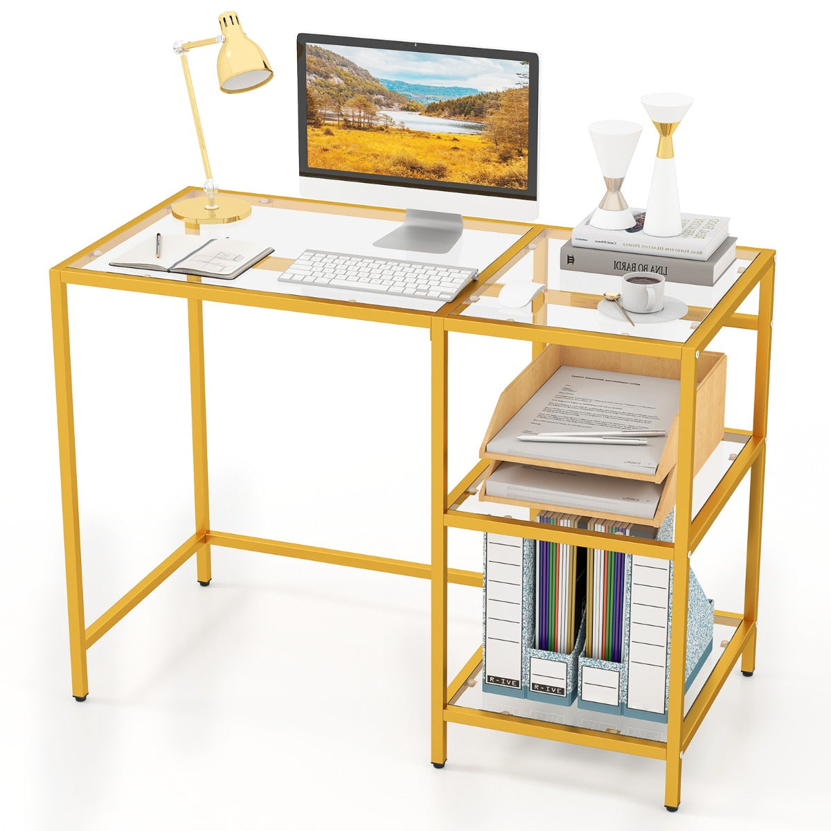 LIVSK Bureau met Gehard Glazen Blad - Metalen Frame - Verstelbare Voetkussens - Ruim Werkblad 106x51 cm - Goud/Zwart