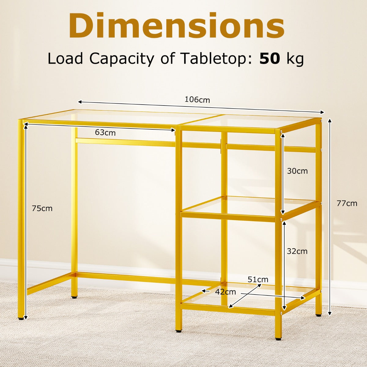 LIVSK Bureau met Gehard Glazen Blad - Metalen Frame - Verstelbare Voetkussens - Ruim Werkblad 106x51 cm - Goud/Zwart