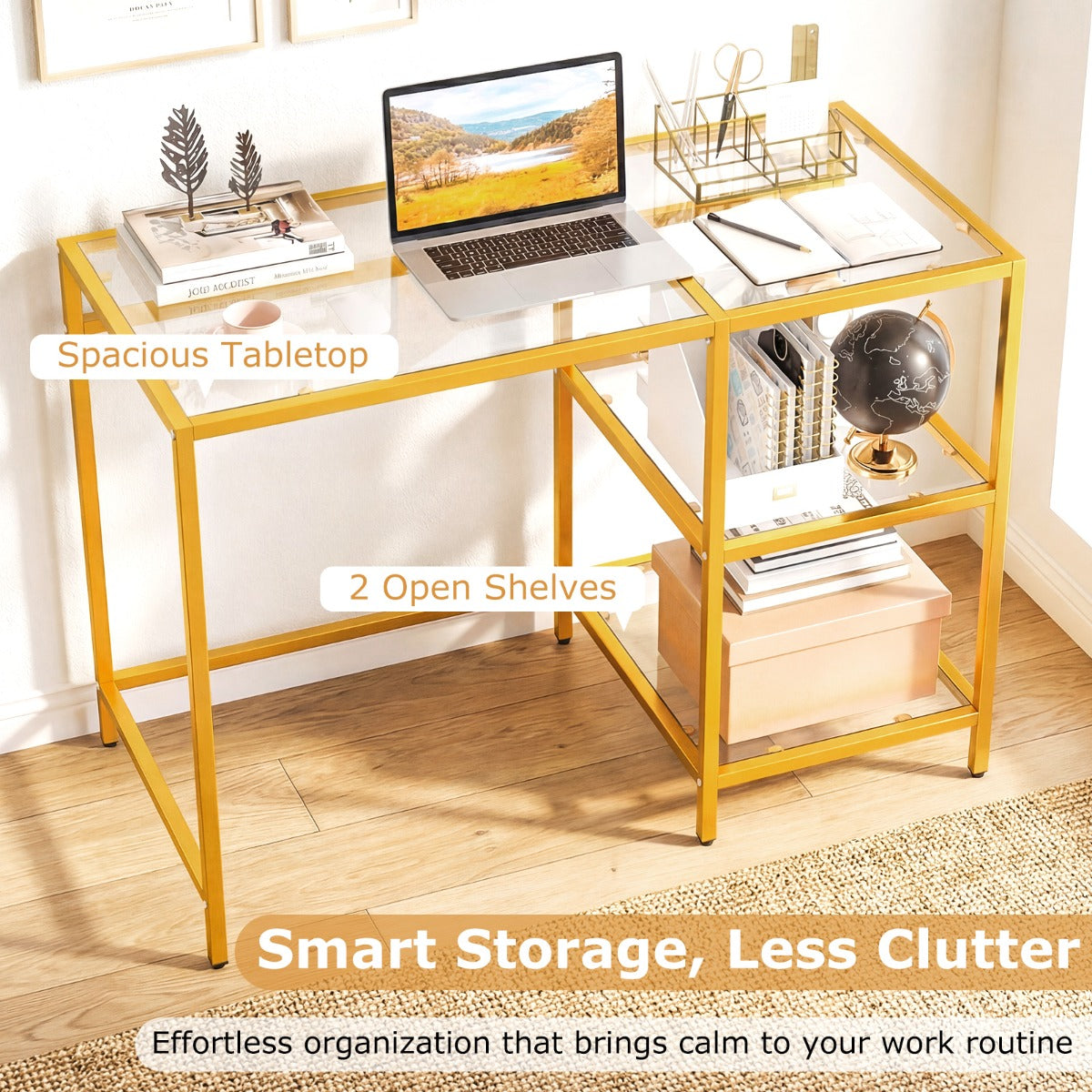 LIVSK Bureau met Gehard Glazen Blad - Metalen Frame - Verstelbare Voetkussens - Ruim Werkblad 106x51 cm - Goud/Zwart