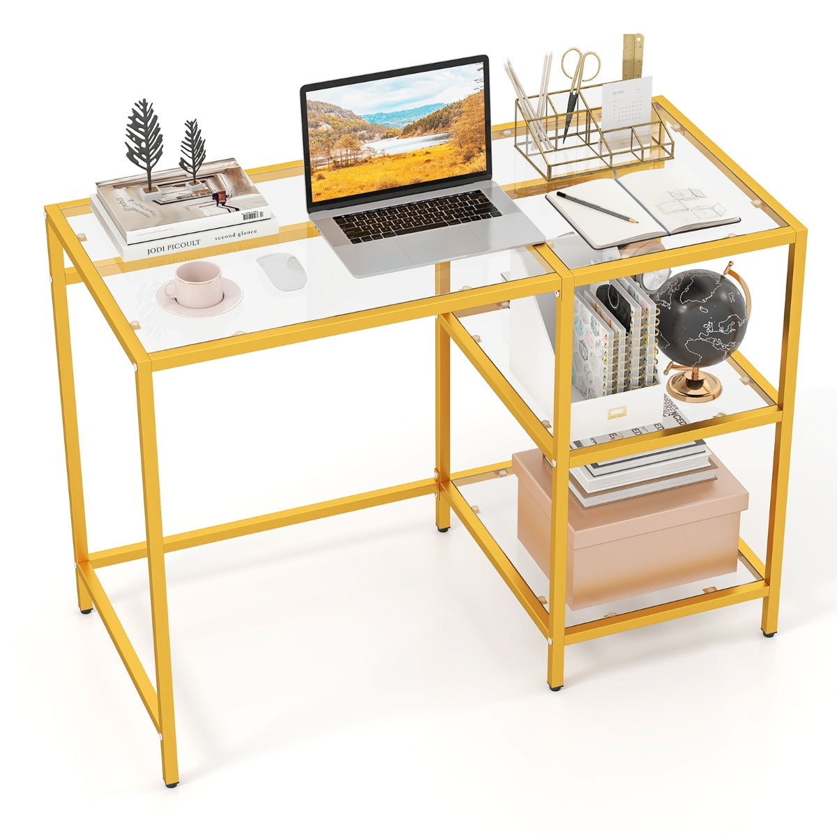 LIVSK Bureau met Gehard Glazen Blad - Ruim Werkblad 106x51 cm - Robuust Metaal - Verstelbare Voetkussens - Goud/Zwart