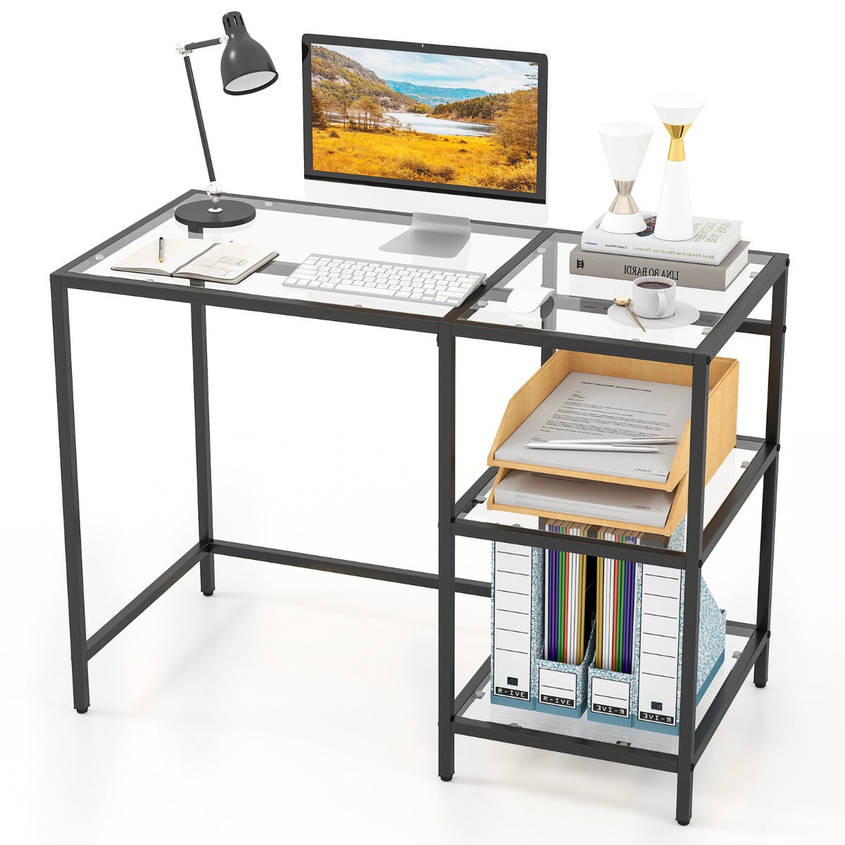 LIVSK Bureau met Gehard Glazen Blad - Ruim Werkblad 106x51cm - Robuust Metaal - Verstelbare Voetjes - Goud/Zwart