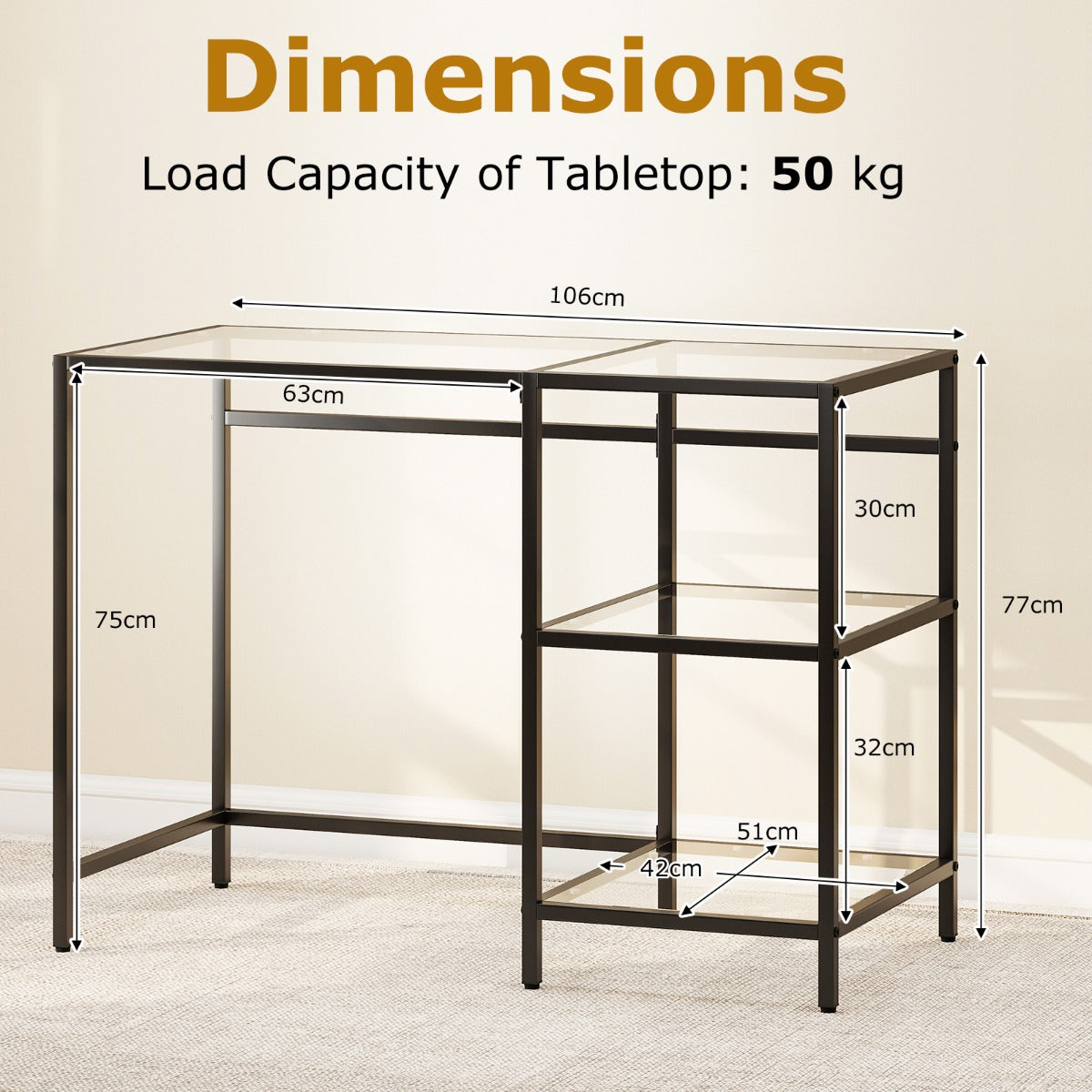 LIVSK Bureau - Ruime Werkruimte 106x51cm - Robuust Metalen Frame - Krasvast Gehard Glas - Goud/Zwart