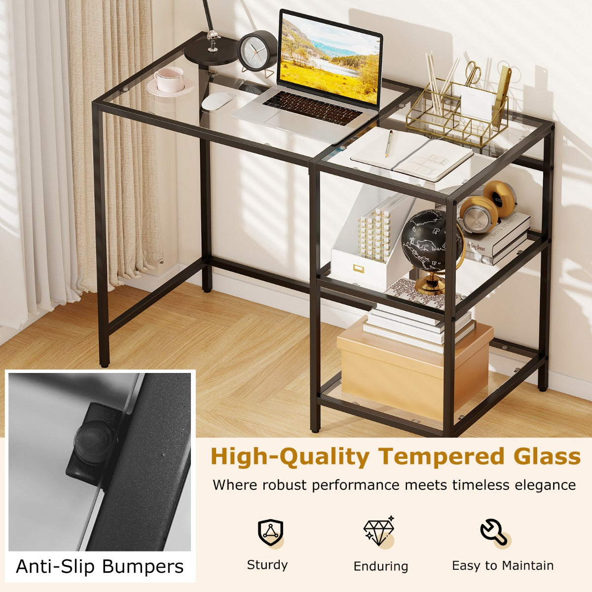 LIVSK Bureau - Ruime Werkruimte 106x51cm - Robuust Metalen Frame - Krasvast Gehard Glas - Goud/Zwart