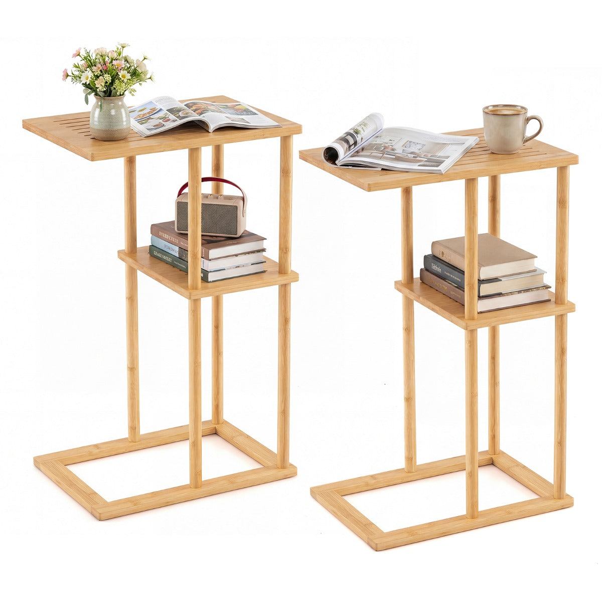 LIVSK Compacte Bijzettafel - Hoogwaardig Bamboe - Twee Niveaus - Multifunctioneel - 40 x 28 cm - Naturel