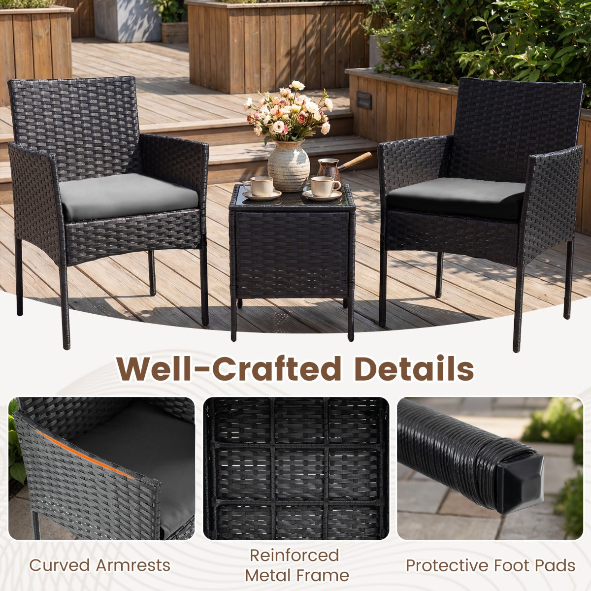 LIVSK Complete Tuinset - Handgemaakt Rotan - Ergonomisch Comfort - Wasbare Kussens - Metaal en Glas - Grijs