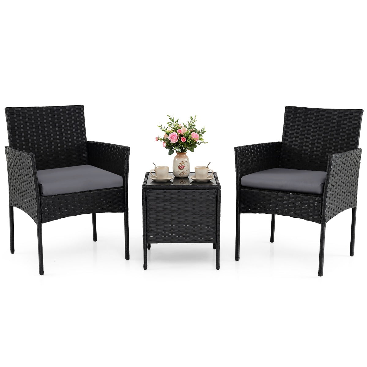 LIVSK Complete Tuinset - Handgemaakt Rotan - Ergonomisch Zitcomfort - Wasbare Kussens - Metaal en Glas - Grijs