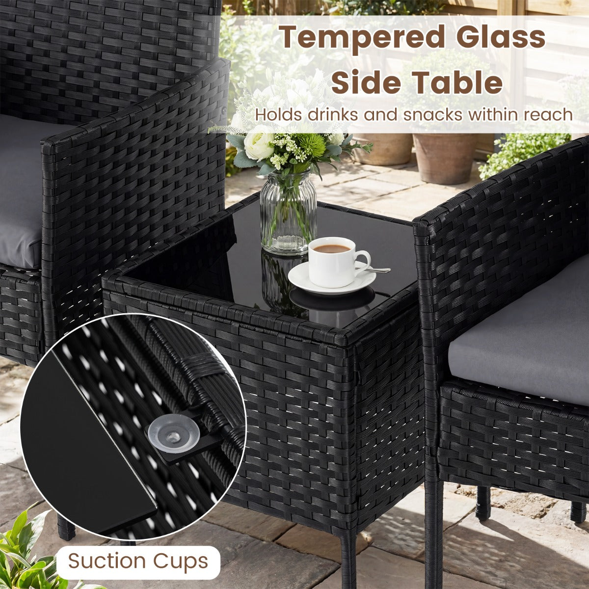 LIVSK Complete Tuinset - Handgemaakt Rotan - Ergonomisch Zitcomfort - Wasbare Kussens - Metaal en Glas - Grijs
