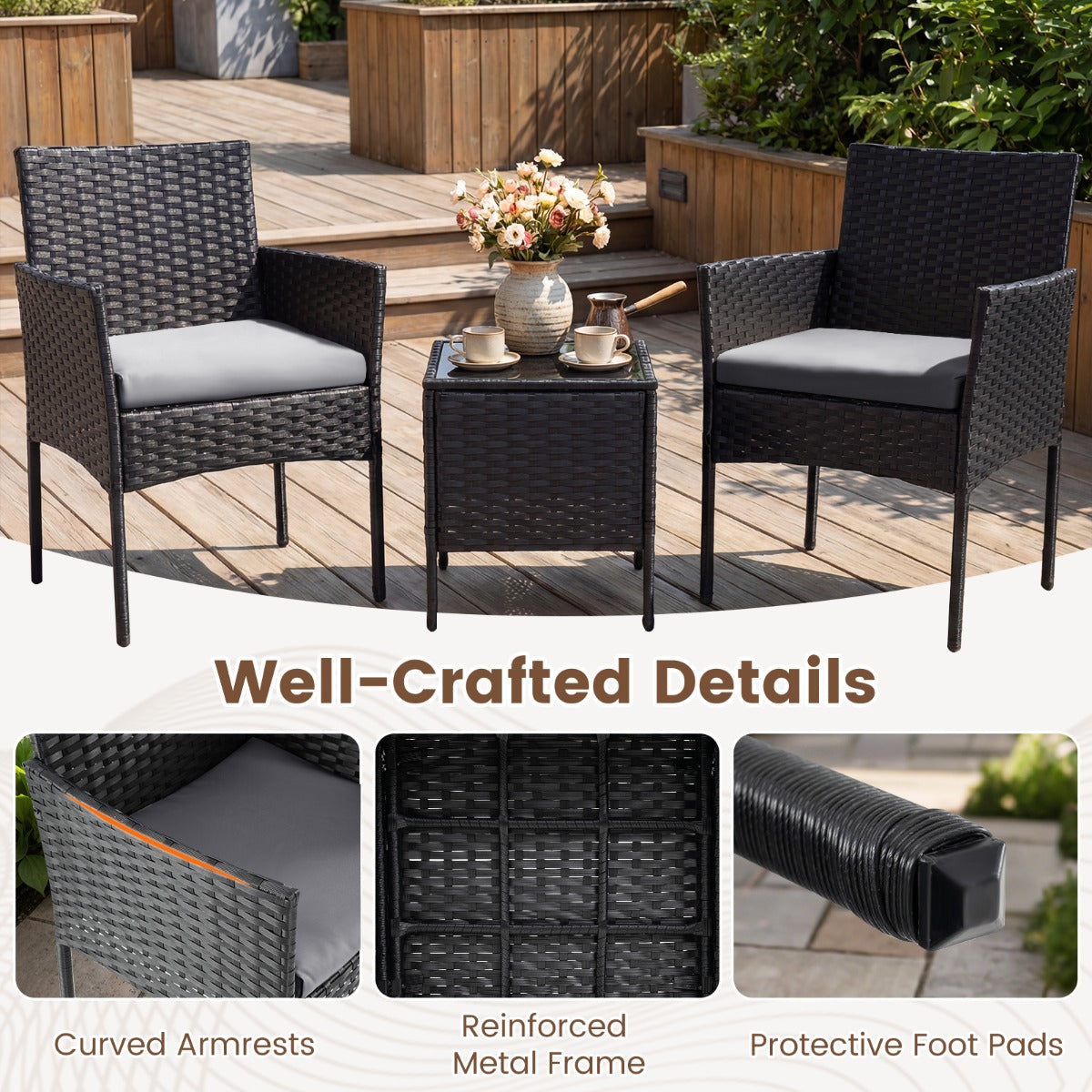 LIVSK Complete Tuinset - Handgemaakt Rotan - Ergonomisch Zitcomfort - Wasbare Kussens - Metaal en Glas - Grijs