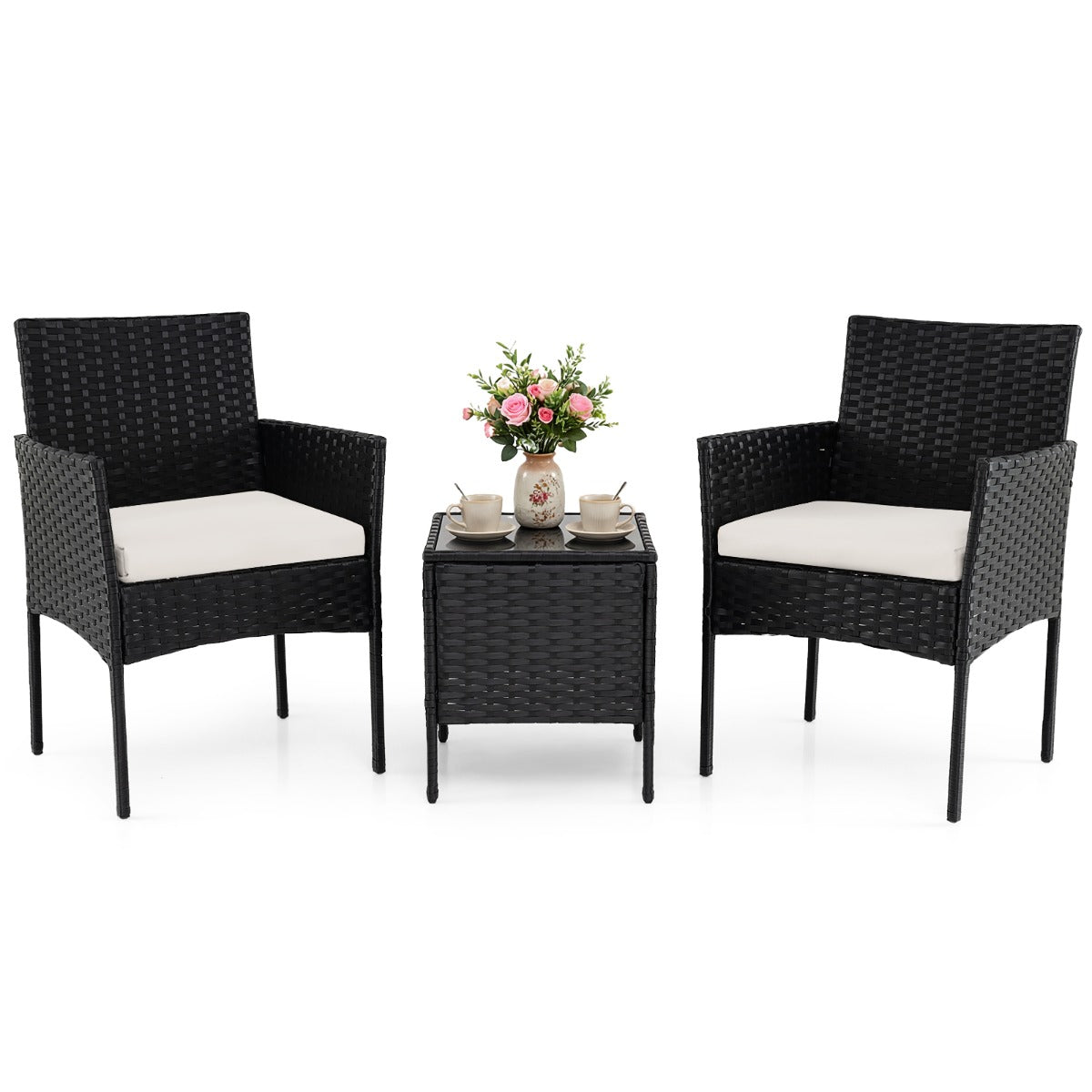 LIVSK Complete Tuinset - Tafel en 2 Stoelen - Handgemaakt Rotan - Ergonomisch Ontwerp - Wasbare Kussens - Grijs
