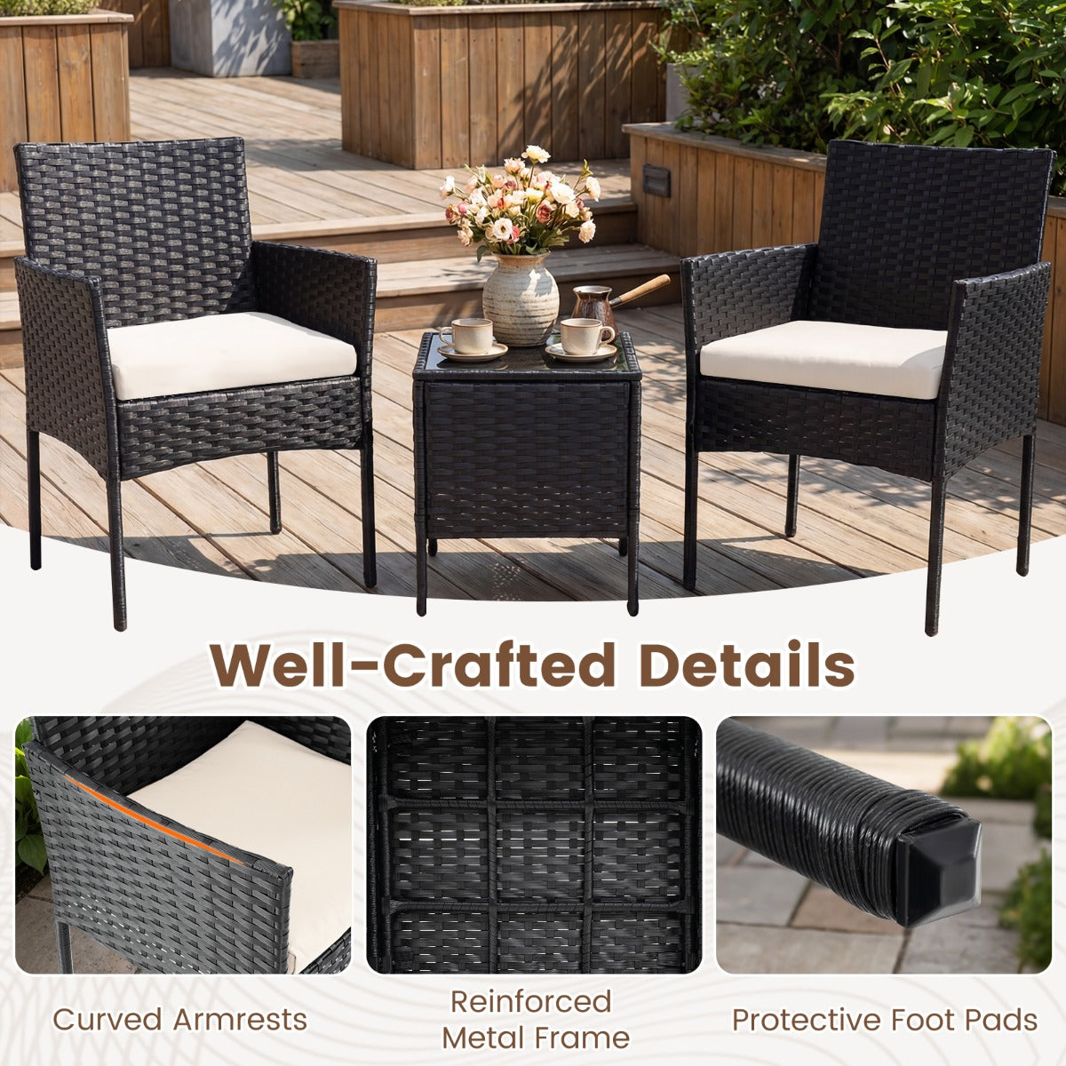 LIVSK Complete Tuinset - Tafel en 2 Stoelen - Handgemaakt Rotan - Ergonomisch Ontwerp - Wasbare Kussens - Grijs