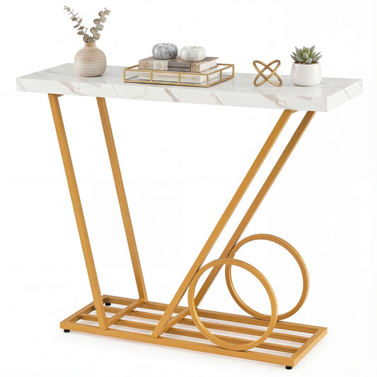 LIVSK Consoletafel - Marmerlook Tafelblad - Auto-geïnspireerd Design - Sterk Metaalframe - Tot 50 kg - Wit & Goud