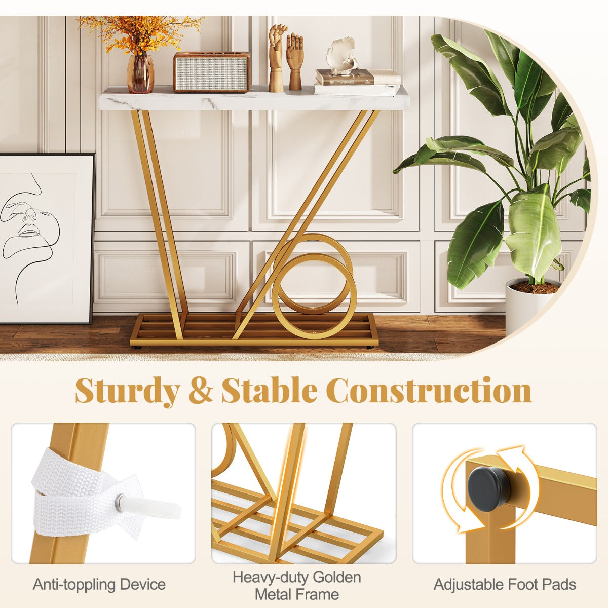 LIVSK Consoletafel - Marmerlook Tafelblad - Auto-geïnspireerd Design - Sterk Metaalframe - Tot 50 kg - Wit & Goud