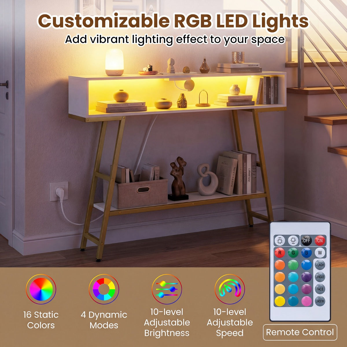 LIVSK Consoletafel met Ledverlichting - Oplaadstation - 3-Traps Ontwerp - Verstelbare Voetkussentjes - Roestbruin & Zwart