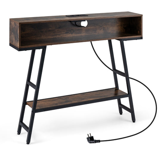 LIVSK Consoletafel met Ledverlichting - Oplaadstation - Ruime Opbergruimte - Stabiel Metaal - Roestbruin & Zwart
